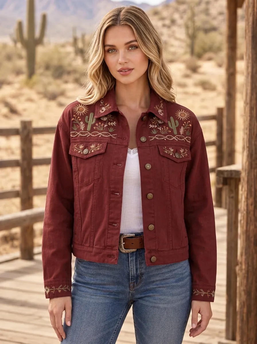 Women's Western Cactus Desert Sun Embroidered Denim Jacket