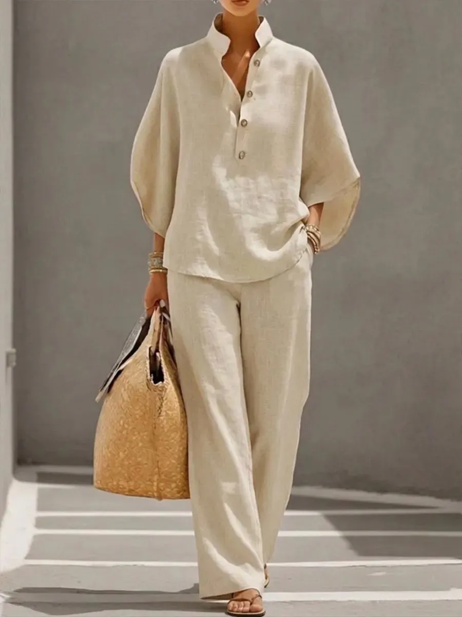 🔥 🔥Women's Batwing Sleeve Two-Piece Set – Casual Shirt & Wide Leg Pants Outfit