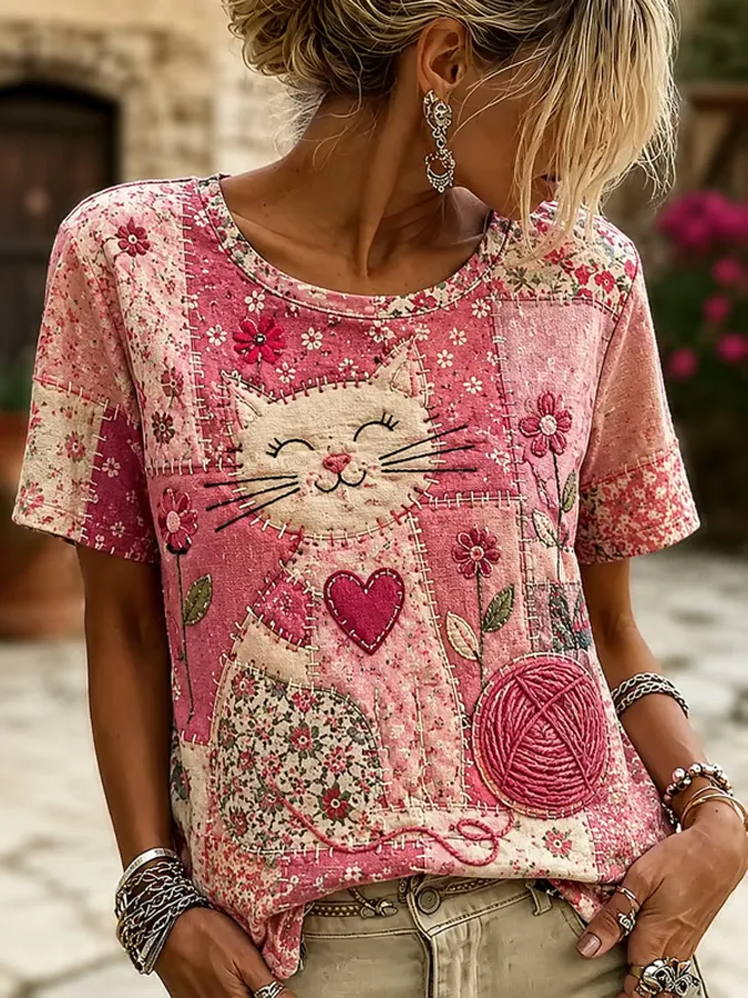 Women'S Pink Floral Cat Printed Cotton And Linen Round Neck Top