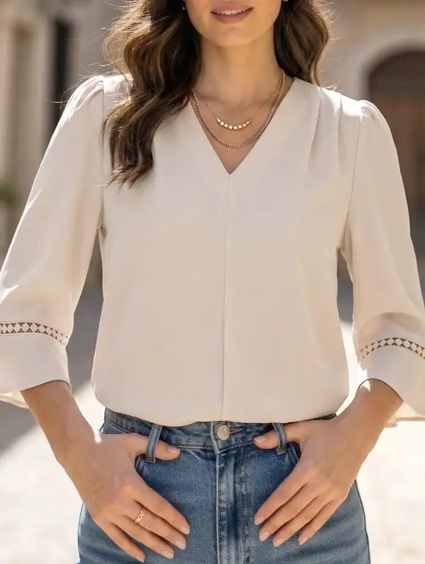 V Neck Office Three Quarter Sleeve Blouse