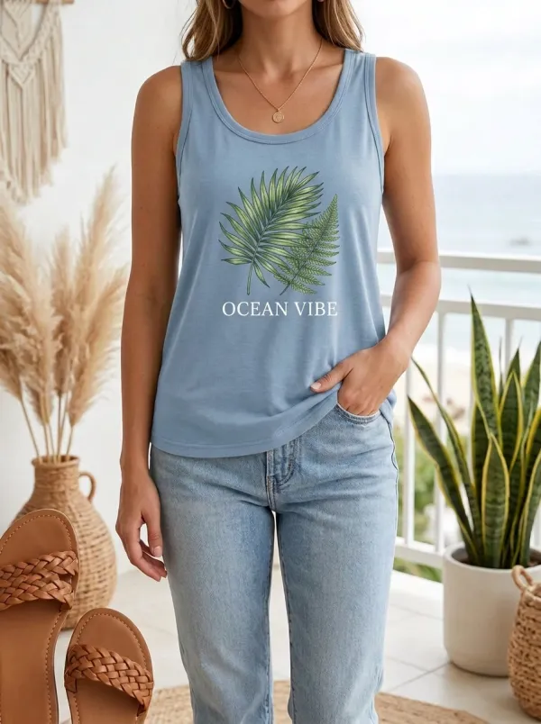 Women's Beach Lover Ocean Vibe Tropical Palm Leaf Printed Tank Top