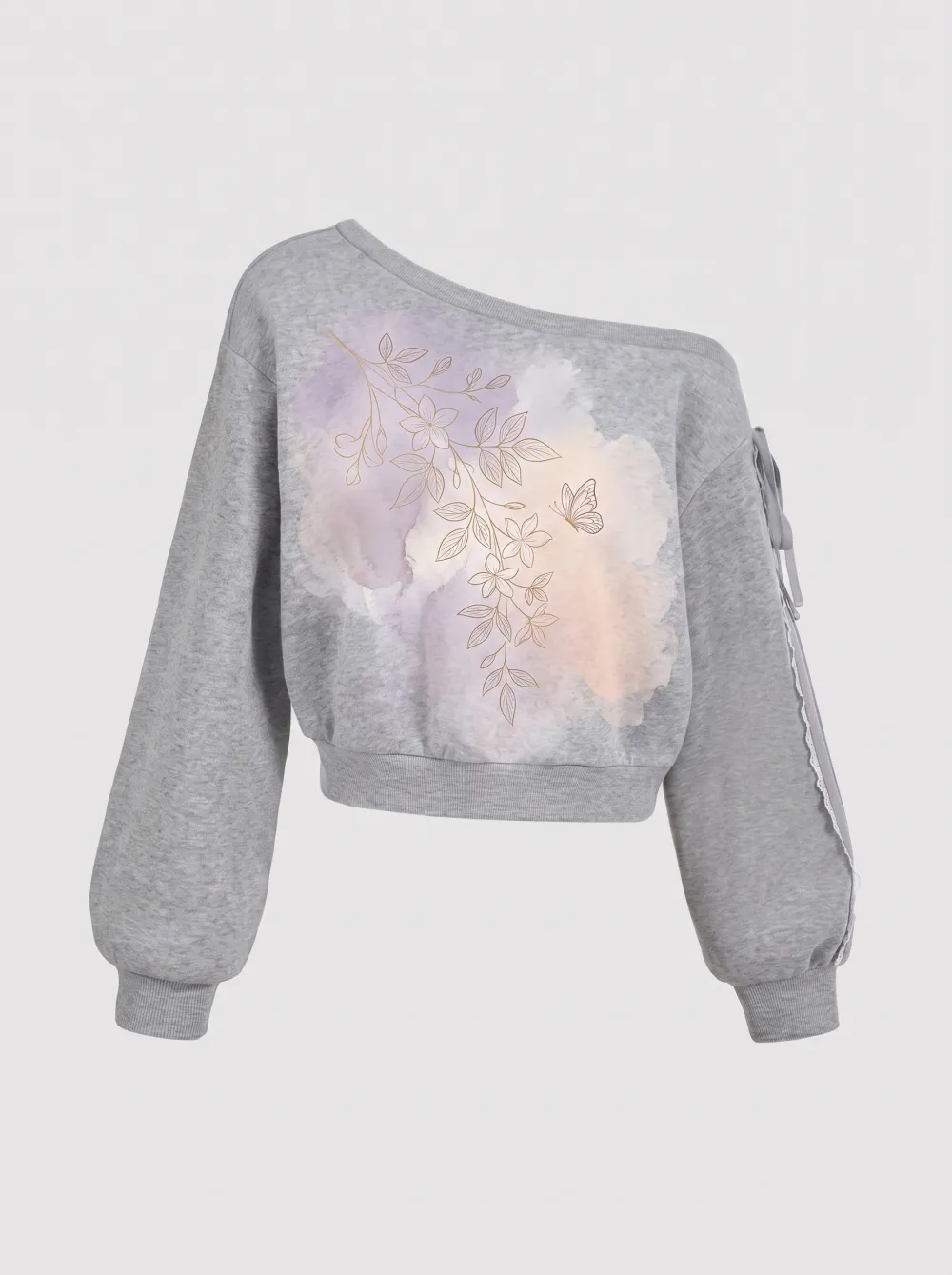 Women's Floral Butterfly Watercolor Printed One-Shoulder Sweatshirt