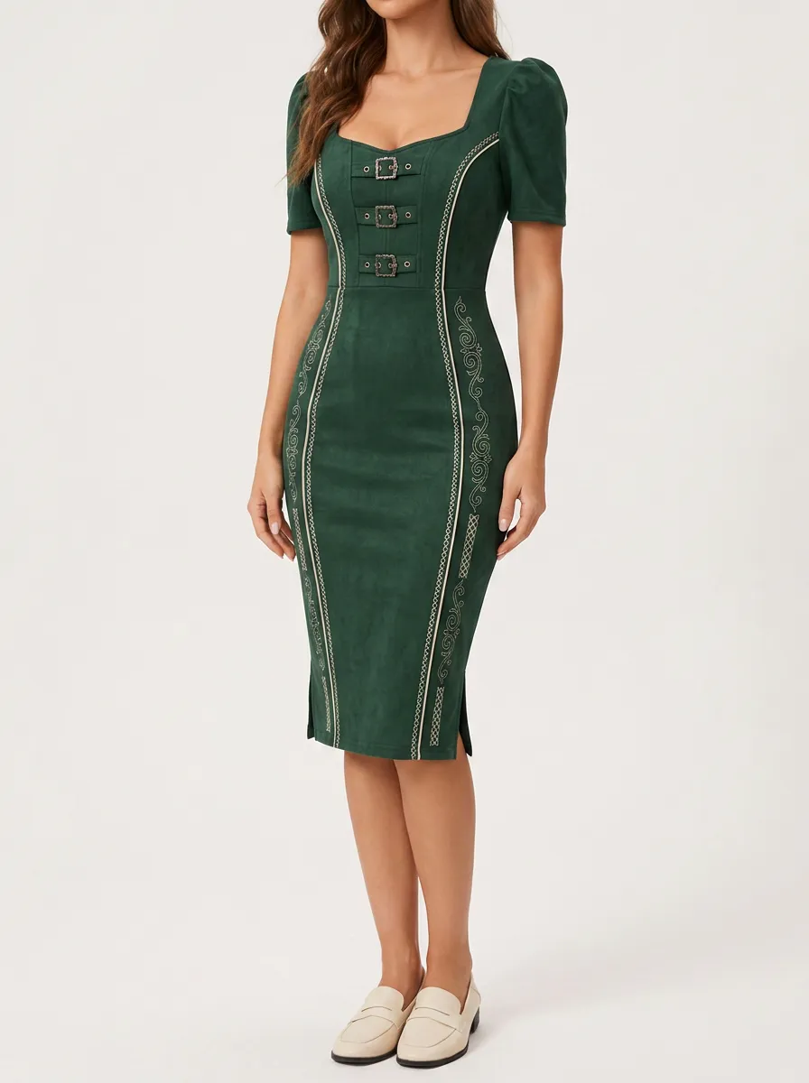 Women's Buckle Embroidered Folk Bodycon Dress