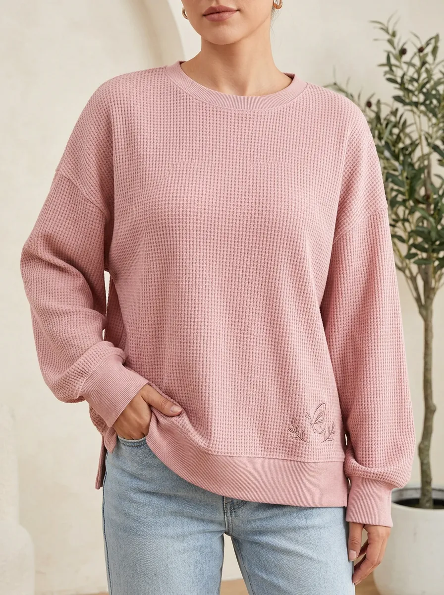 Women's Minimalist Butterfly Waffle Knit Printed Sweatshirt