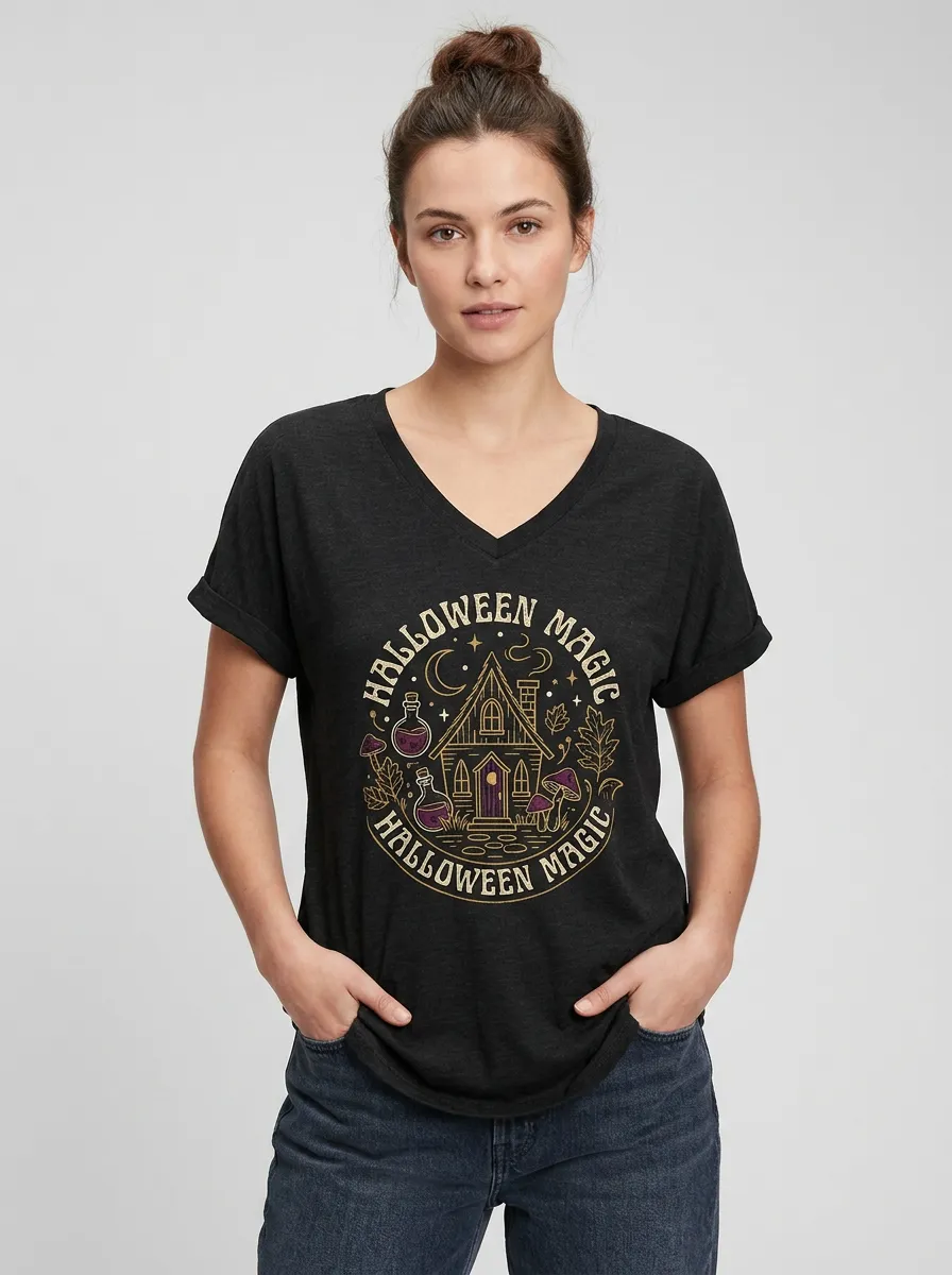 Women's Halloween Magic Witch House Mushroom Printed V-neck T-shirt