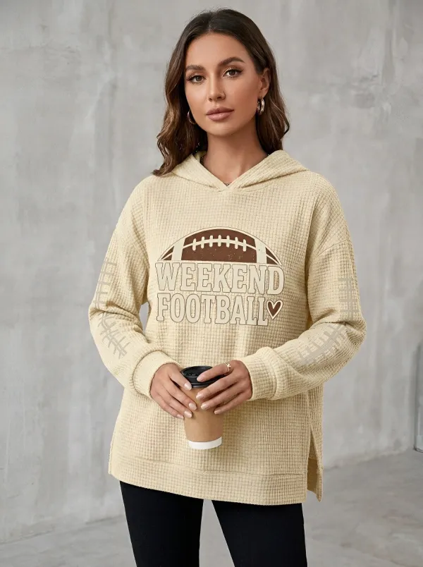 Women's Weekend Football Heart Graphic Printed Waffle Hoodie