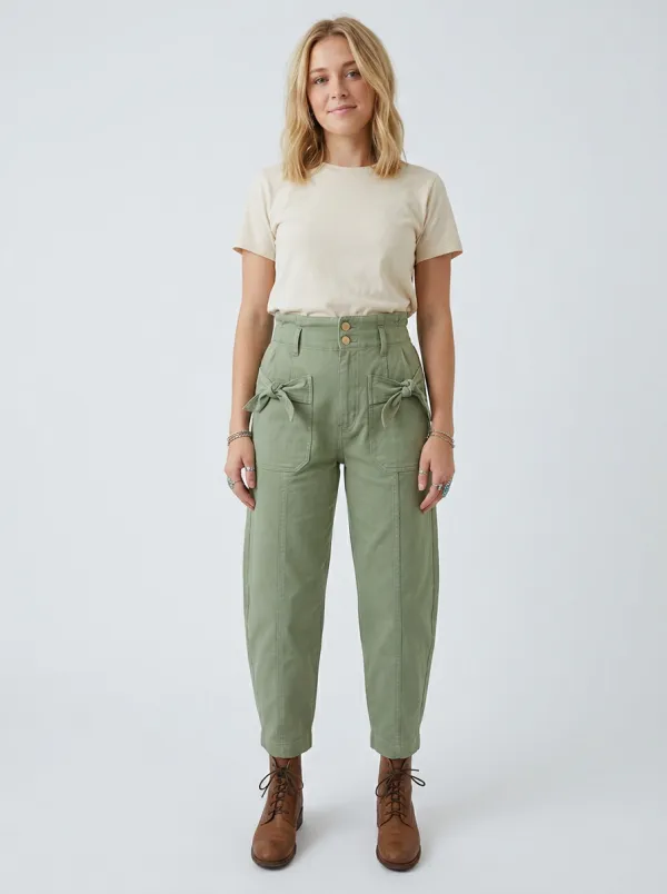 Women's Western Style Sage Green Bow Tie Waist Printed Pants
