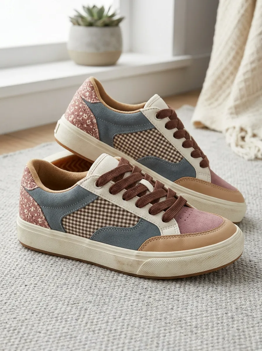 Women's Vintage Floral Gingham Patchwork Printed Sneakers