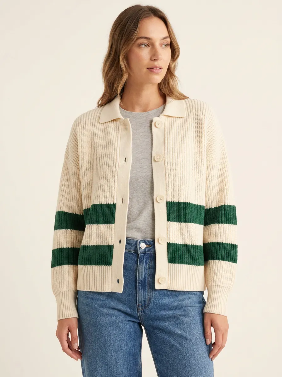 Rugby Stripe Pattern Print Knit Cardigan