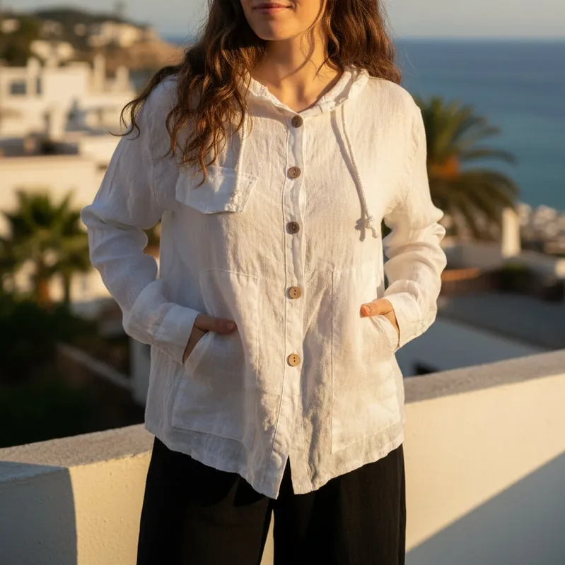 Linen Hooded Button-Front Hoodie