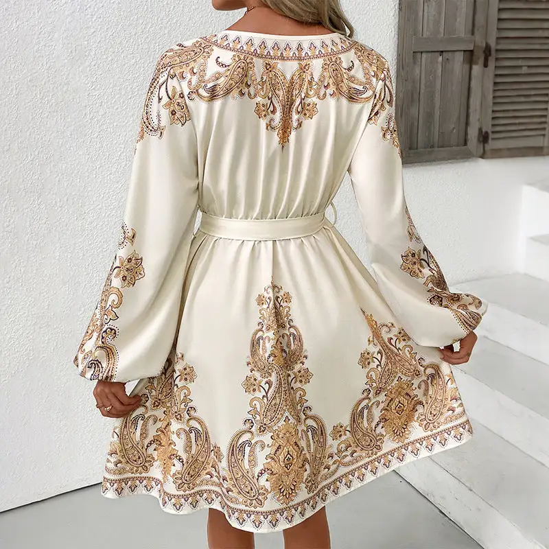 Women's V-Neck Paisley Belted Maxi Dress