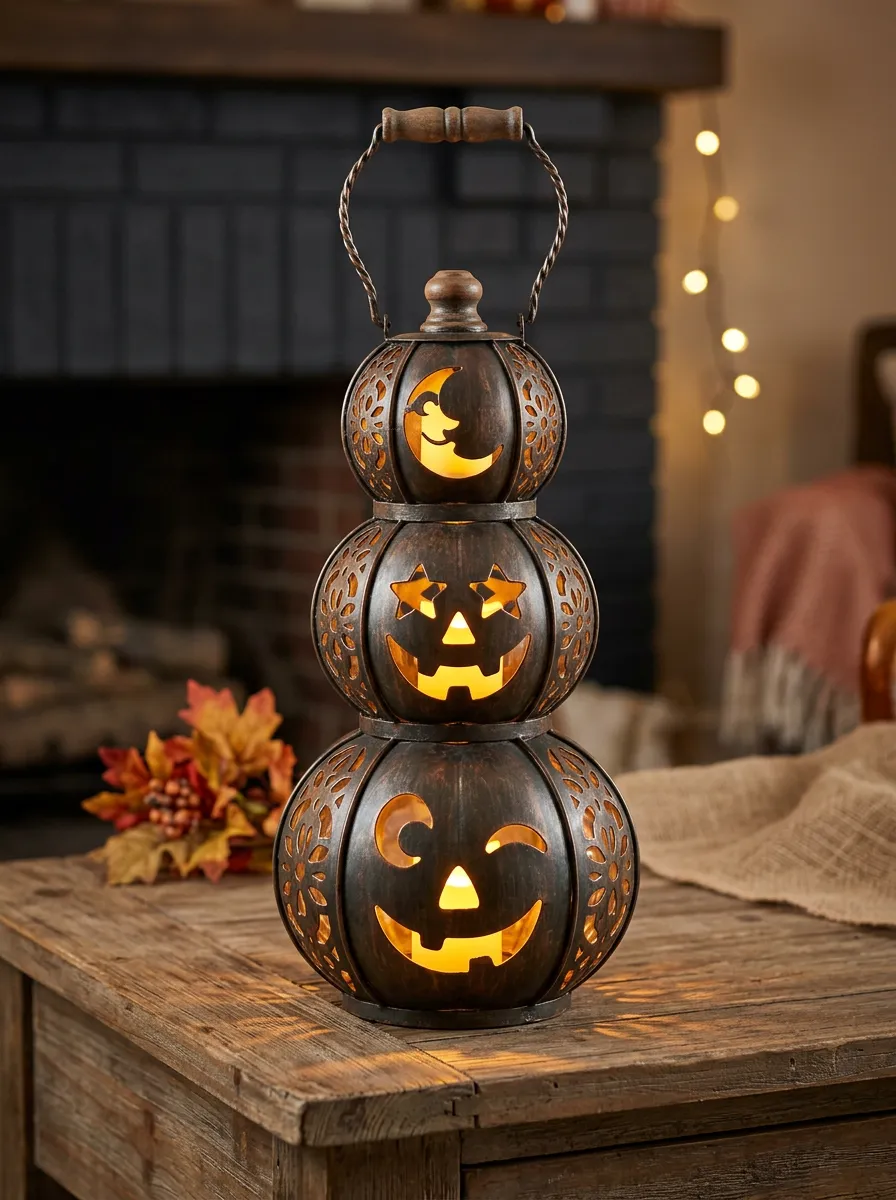 Stacked-Pumpkin Metal-Look Halloween Pumpkin Light