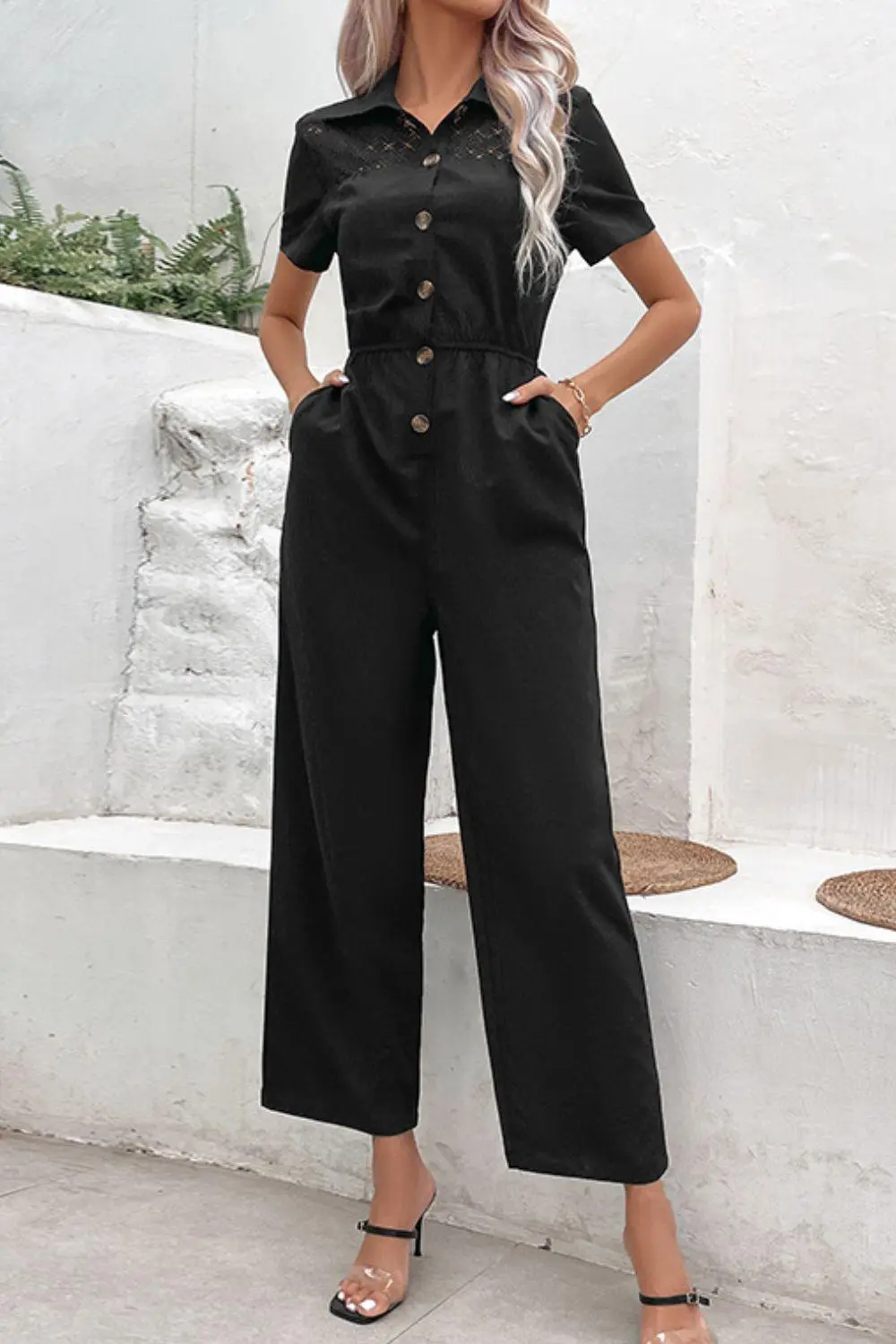 Collared Neck Short Sleeve Jumpsuit Shorts