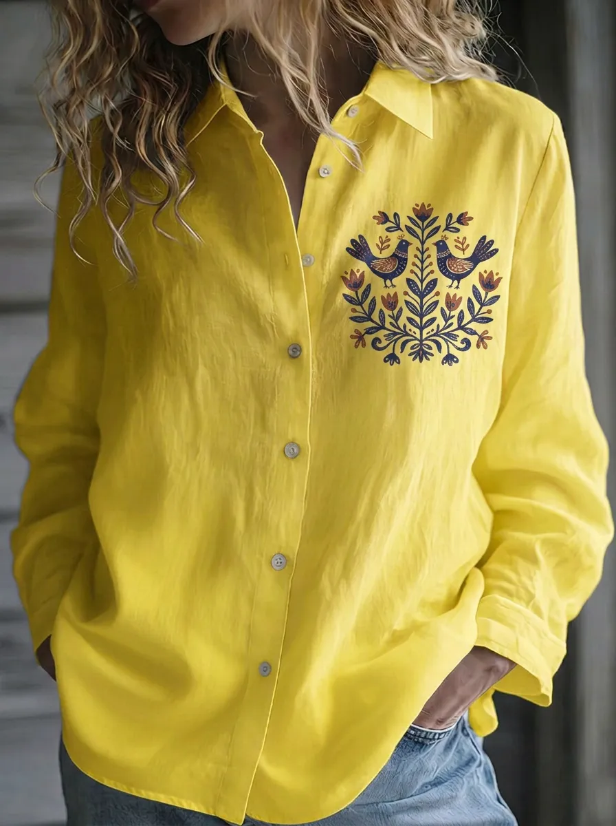 Women's Folk Art Bird Floral Printed Button-Down Shirt