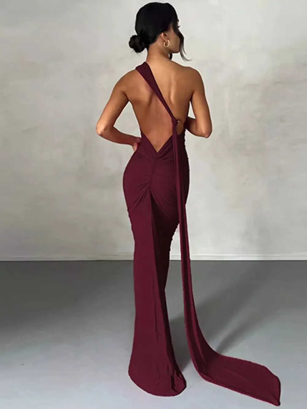 Backless One Shoulder Ruched Bodycon Maxi Dress