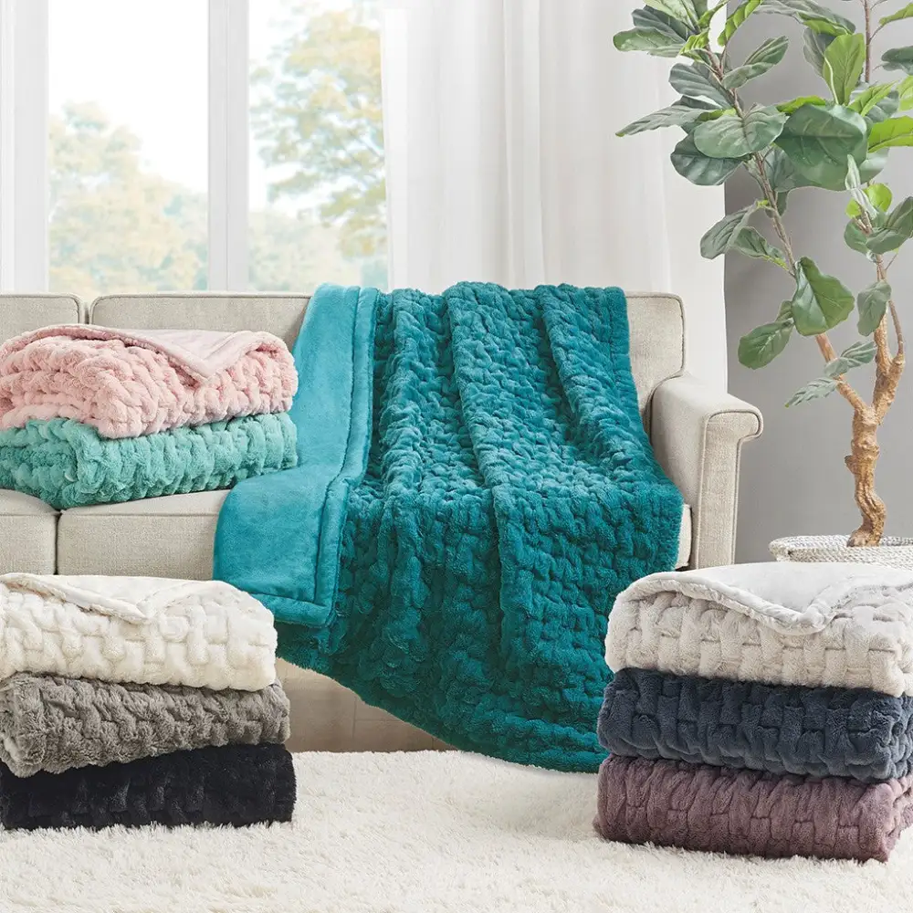 Ruched Faux Fur Throw Blanket