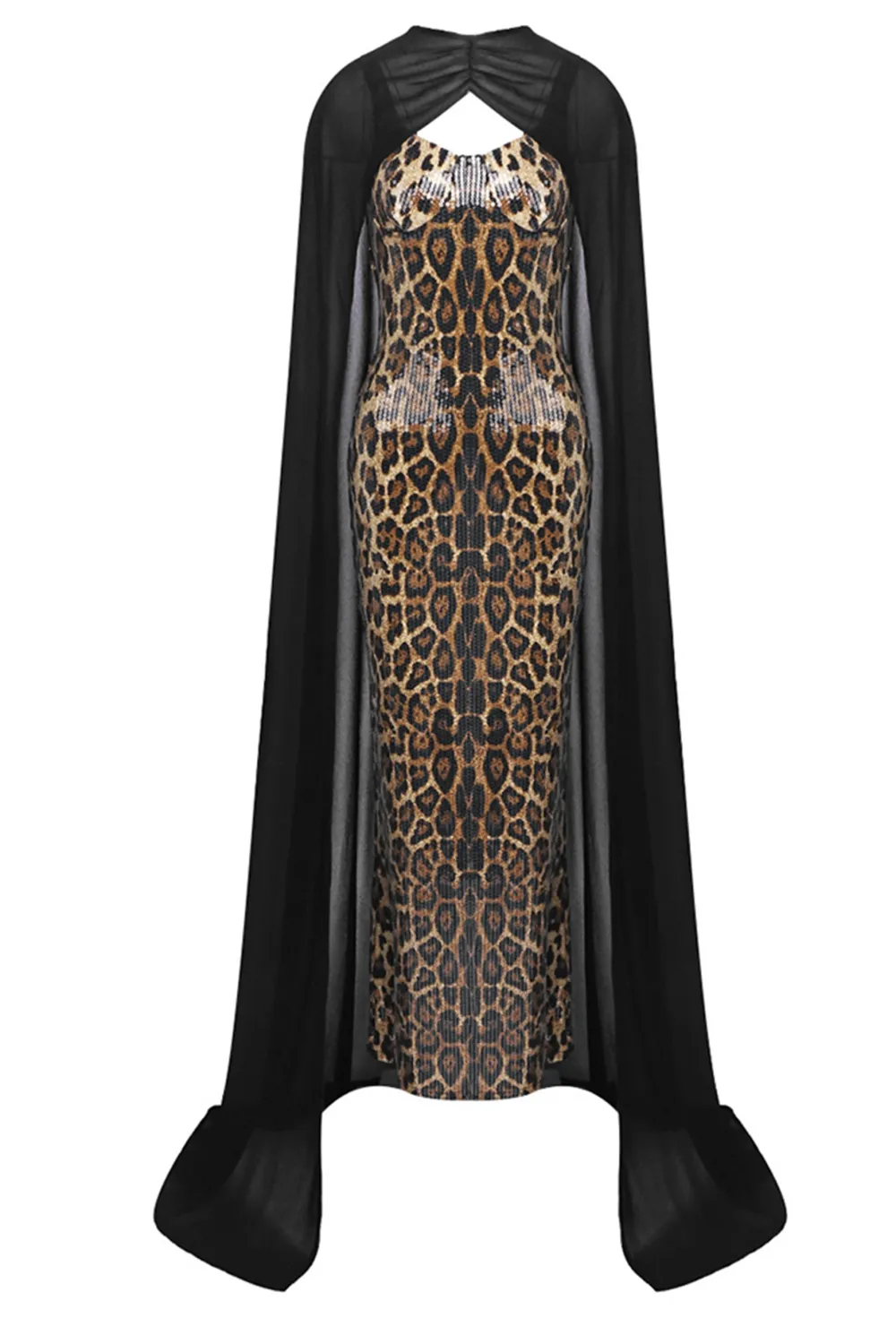 Wild Charm Multi Leopard Print Sequin Maxi Dress & Cape Set
