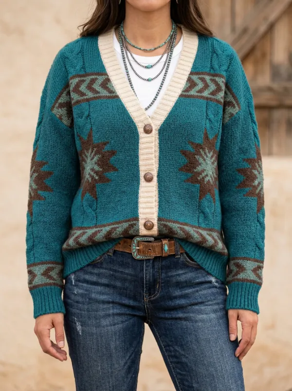 Women's Western B3 Aztec Star Pattern Knitted Cardigan