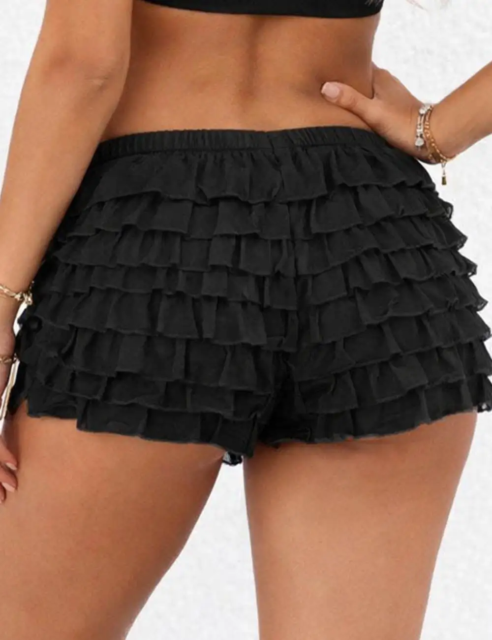 Tiered Mesh Ruffle Solid Color Elastic Waist Mini Shorts