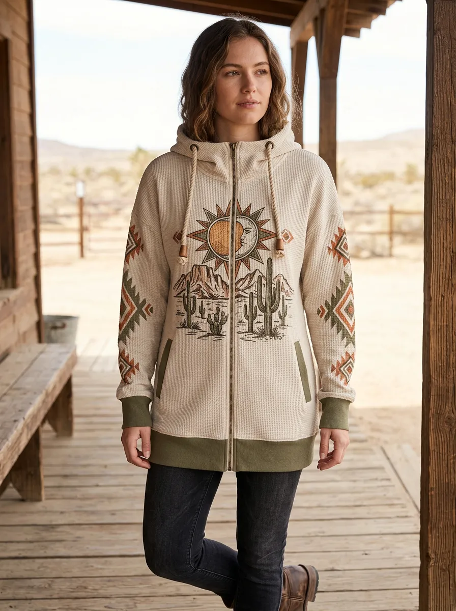 Women's Western Desert Sun Cactus Printed Zip-Up Hoodie