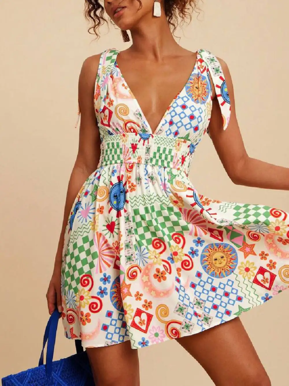 V Neck Smocked Sleeveless Mini Dress