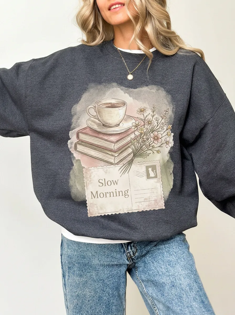 Women's Book Lover Slow Morning Coffee Flower Printed Sweatshirt