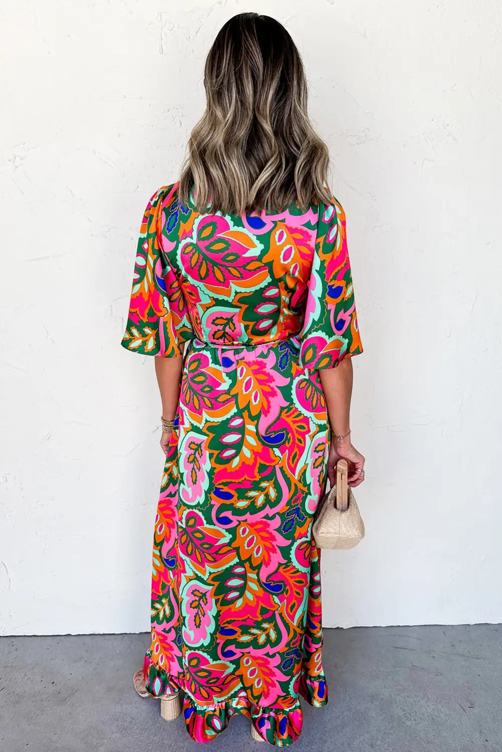Rose Summer Plant Print Surpliced V Neck Ruffled Asymmetric