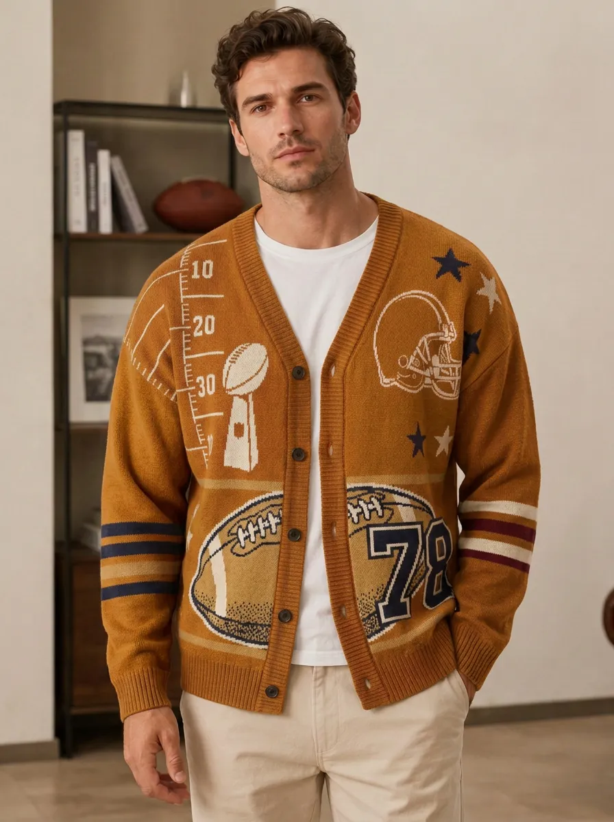Men's Retro Football Helmet Ball Knit Knit Cardigan