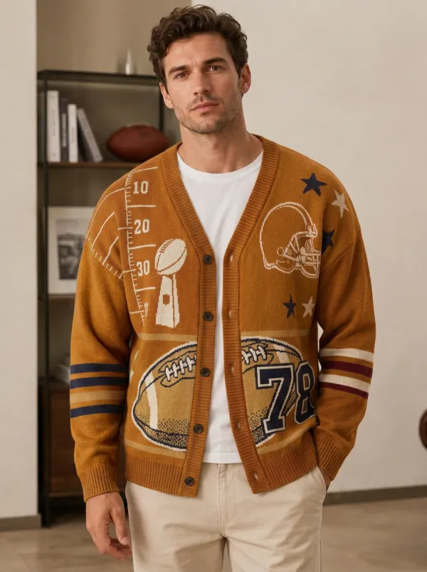 Men's Retro Football Helmet Ball Knit Knit Cardigan