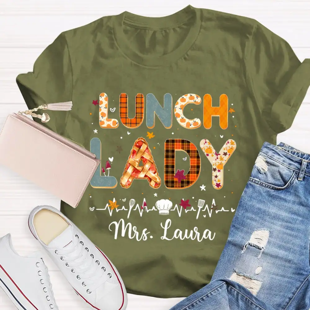 Personalized Name Lunch Lady Colorful Letter Print T-Shirt