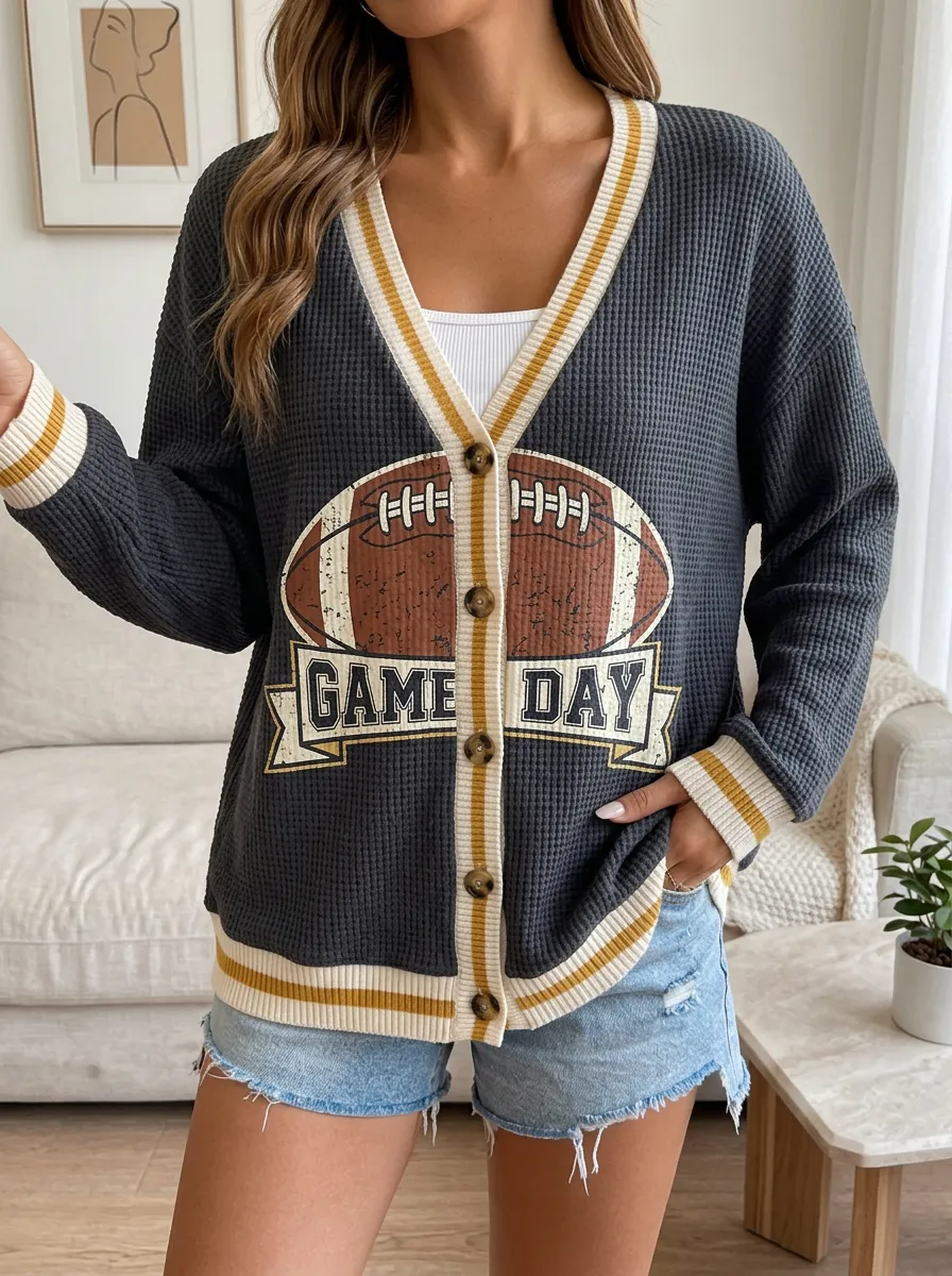 Women's Football Game Day Graphic Printed Waffle Knit Cardigan