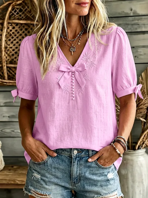 Women's V-neck Bow-detail Decorative Button Blouse