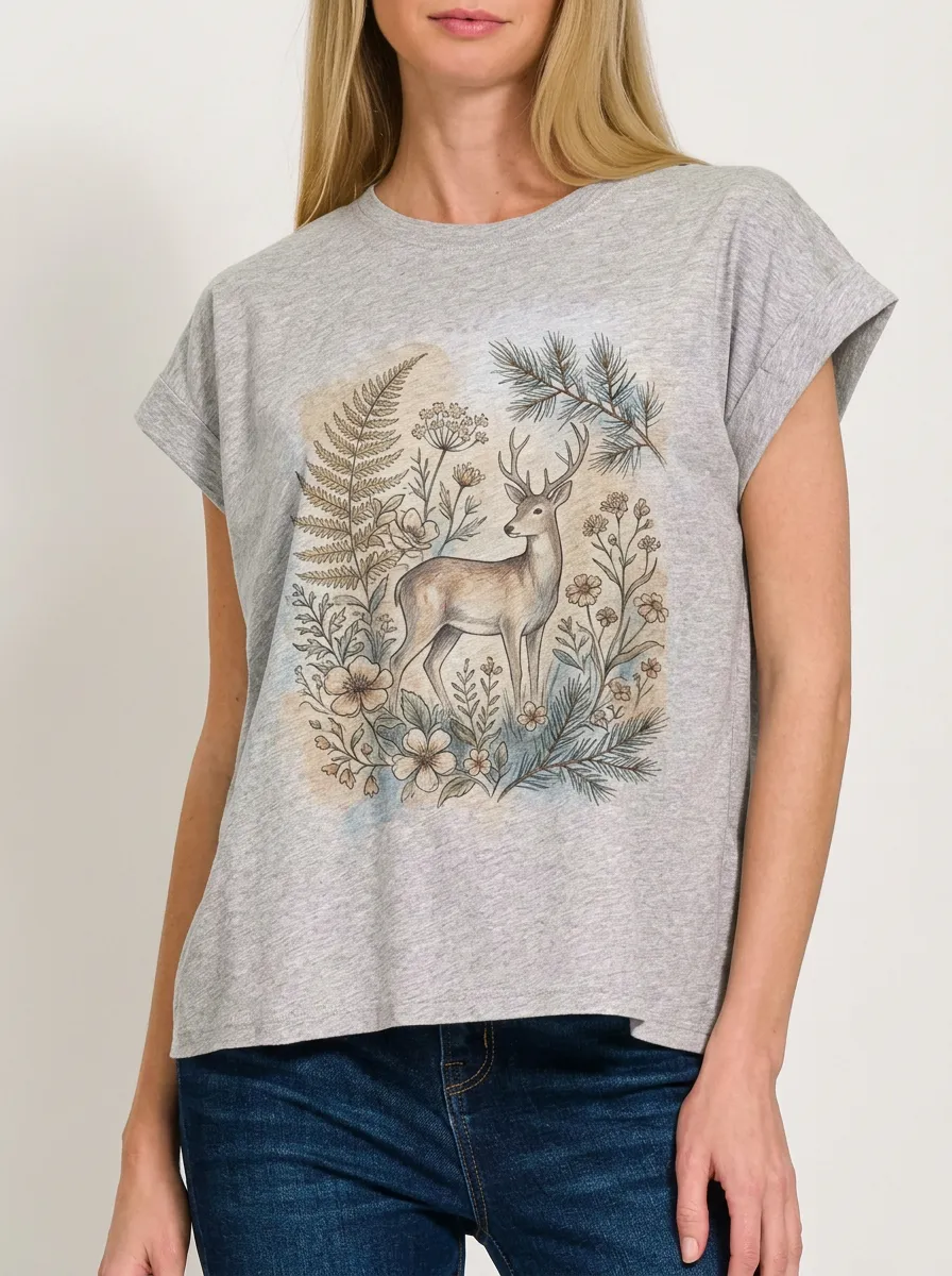 Women's Nature Lover Forest Deer Floral Printed T-shirt