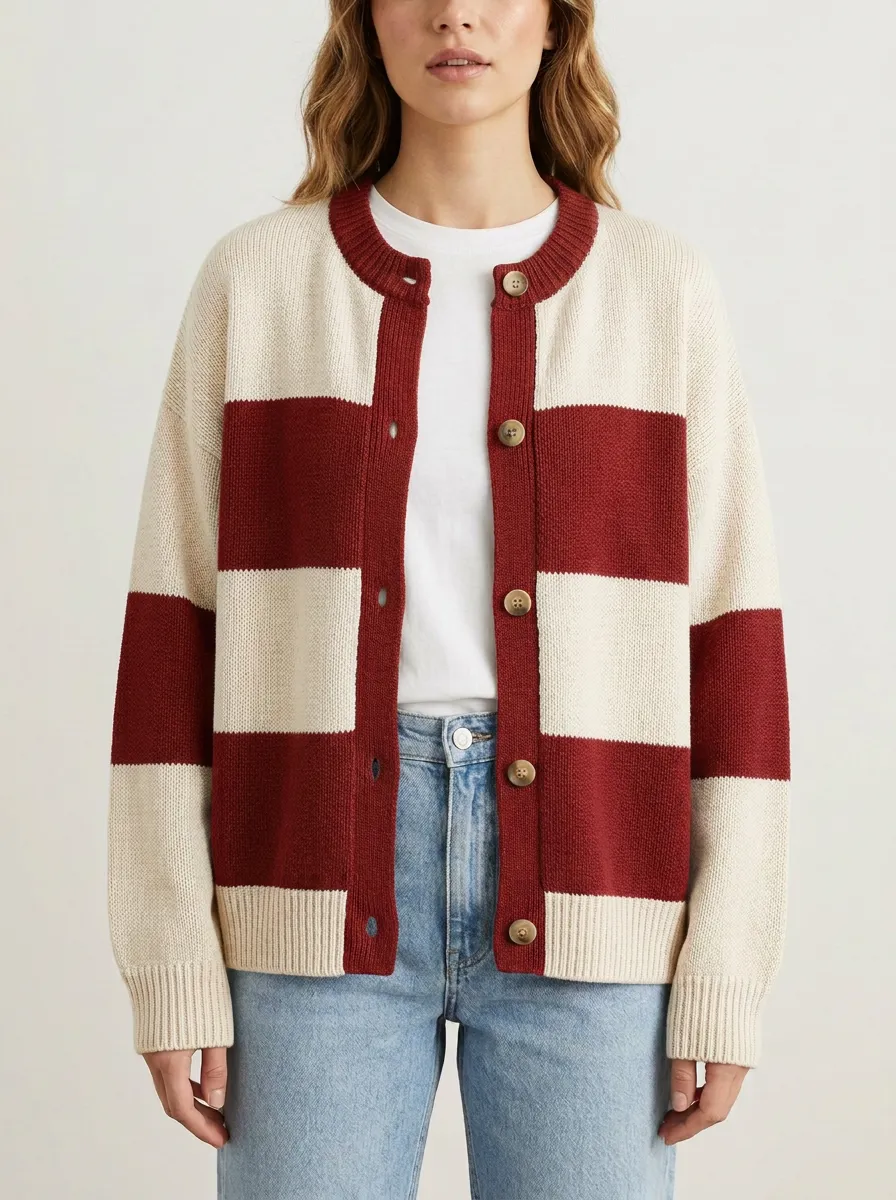 Classic Rugby Striped Button Front Knit Cardigan