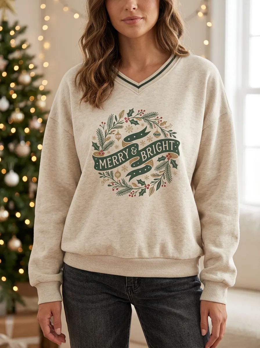 Christmas Merry & Bright Wreath Print Sweatshirt