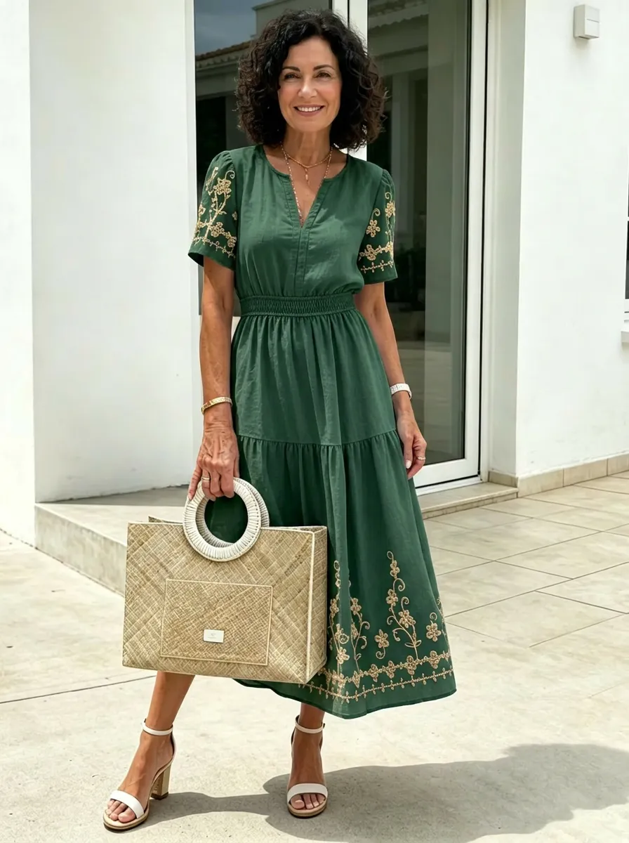 Women's Summer Vacation Green Floral Embroidery Printed Dress