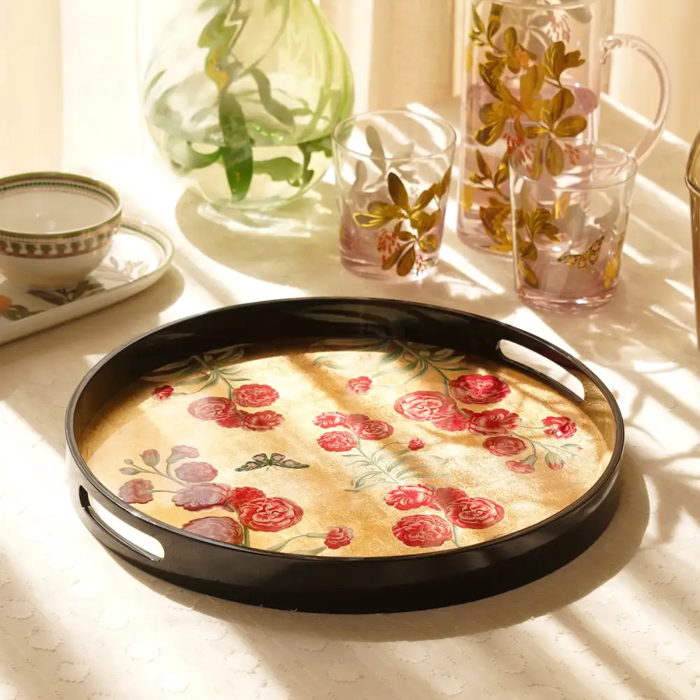 Gold Floral Round Serving Tray