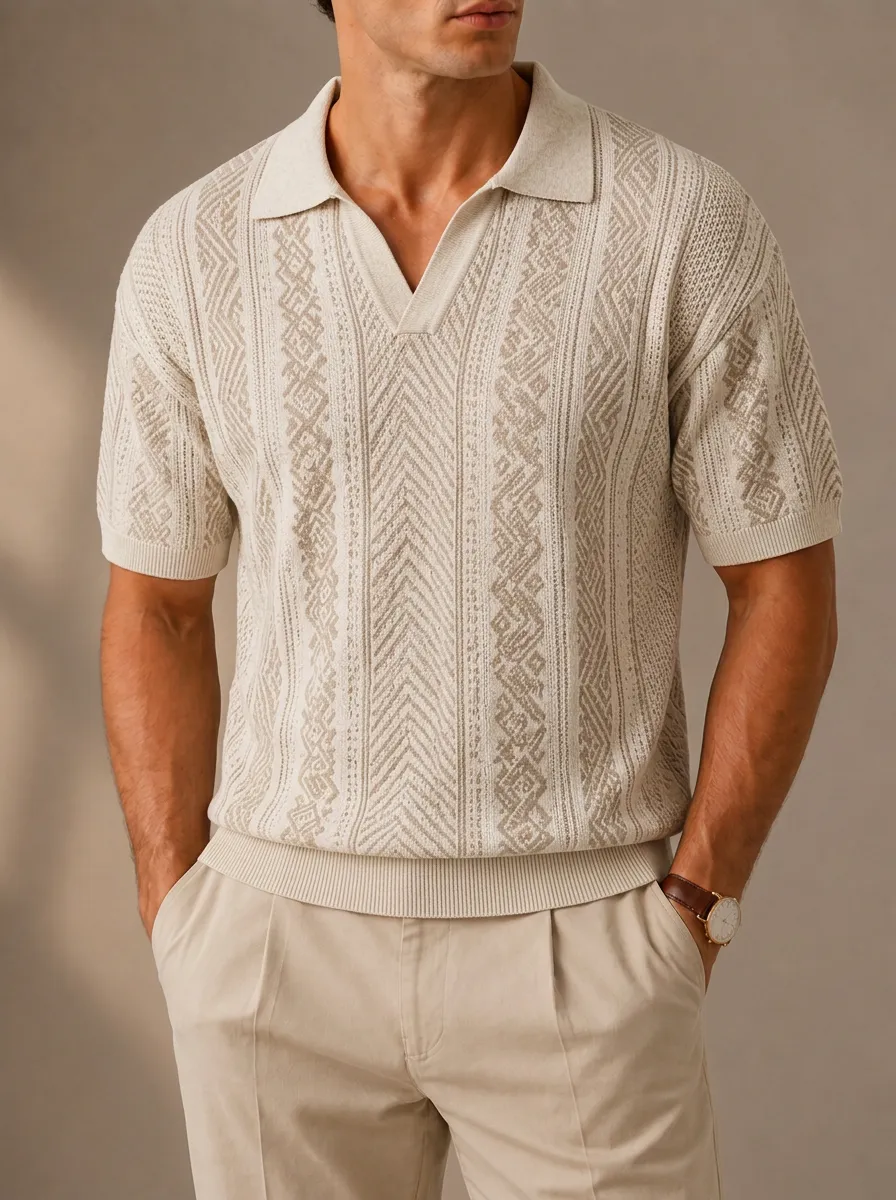 Men's Geometric Pattern Knit Polo Shirt Featuring Chevron Pattern
