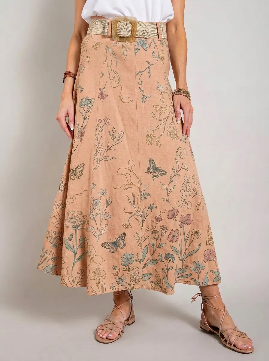 Women's A-Line Botanical Butterfly Floral Printed Midi Skirt