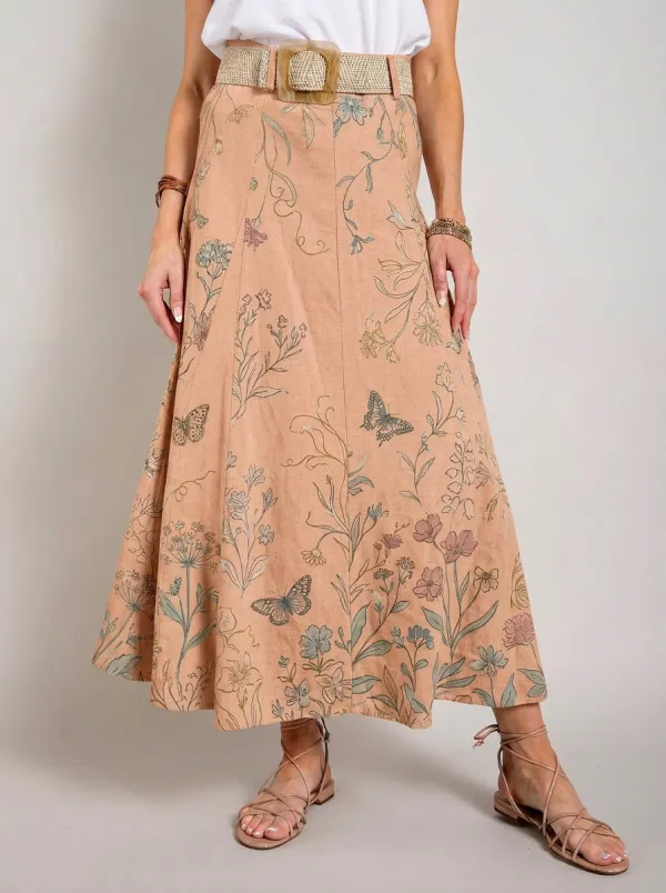 Women's A-Line Botanical Butterfly Floral Printed Midi Skirt