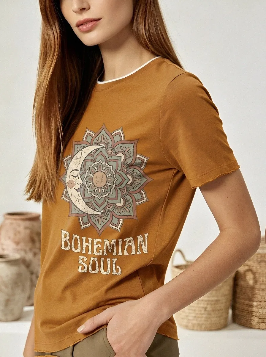 Women's Bohemian Soul Moon Mandala Printed T-shirt