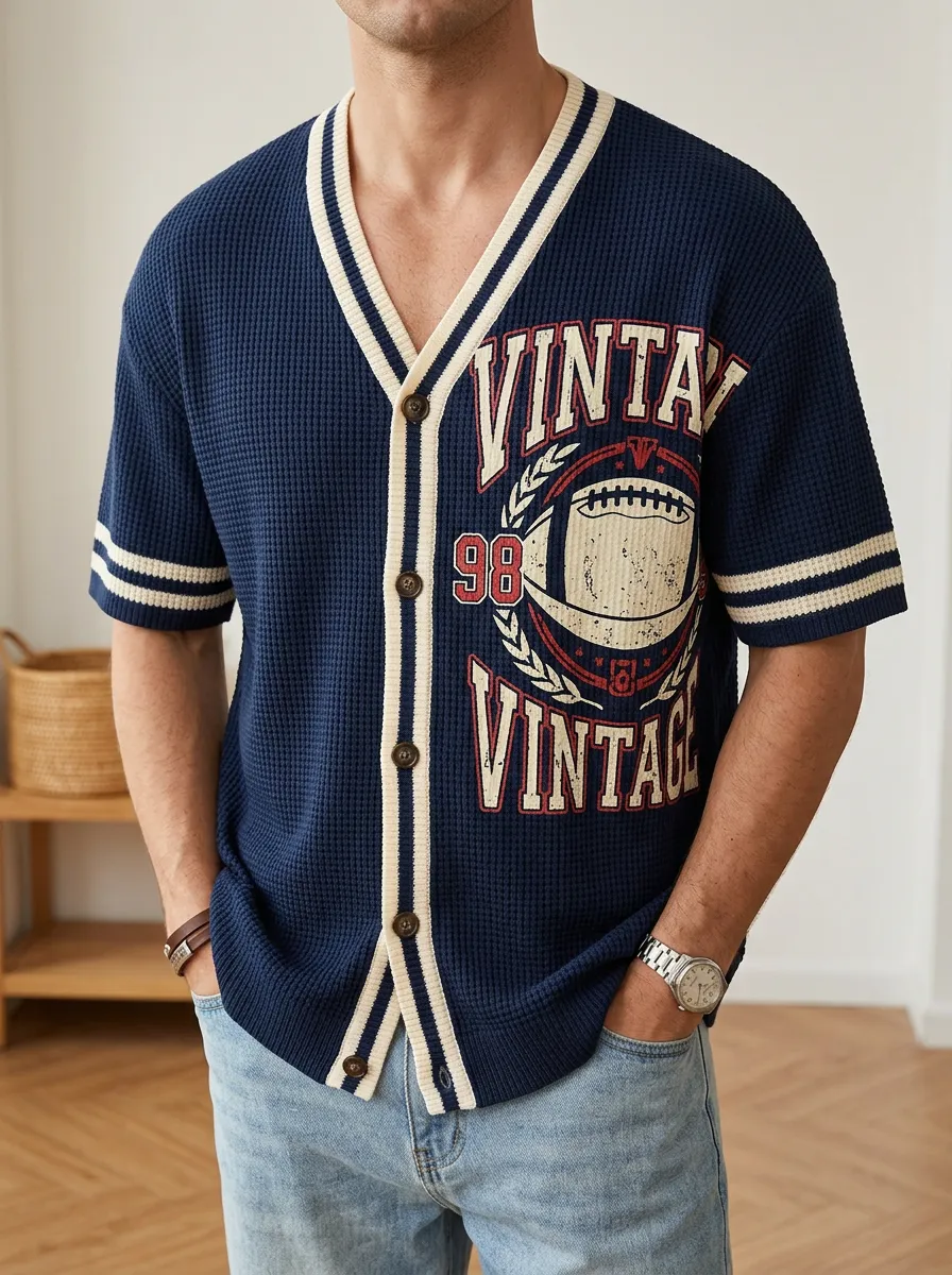 Men's American Football Vintage 98 Printed Waffle Knit Cardigan