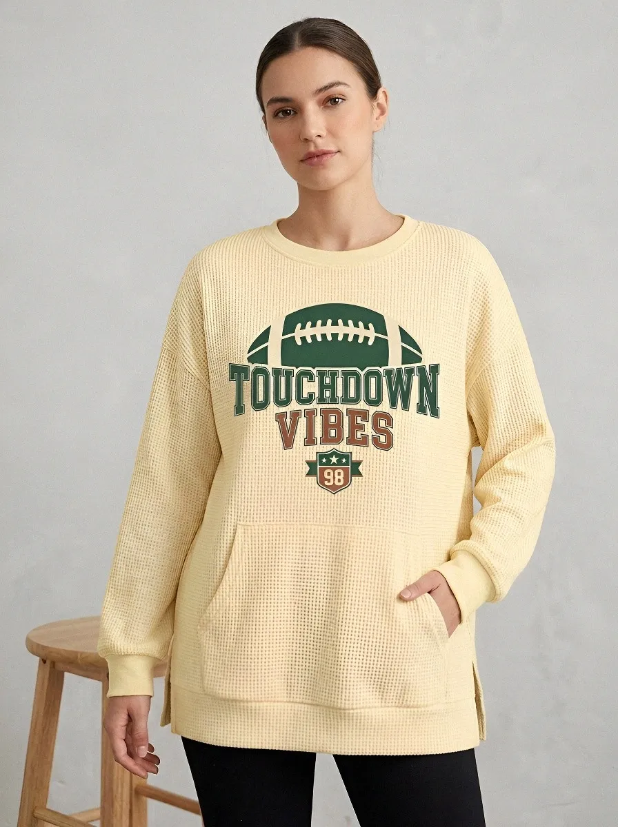 Women's American Football Touchdown Vibes Graphic Printed Waffle Sweatshirt