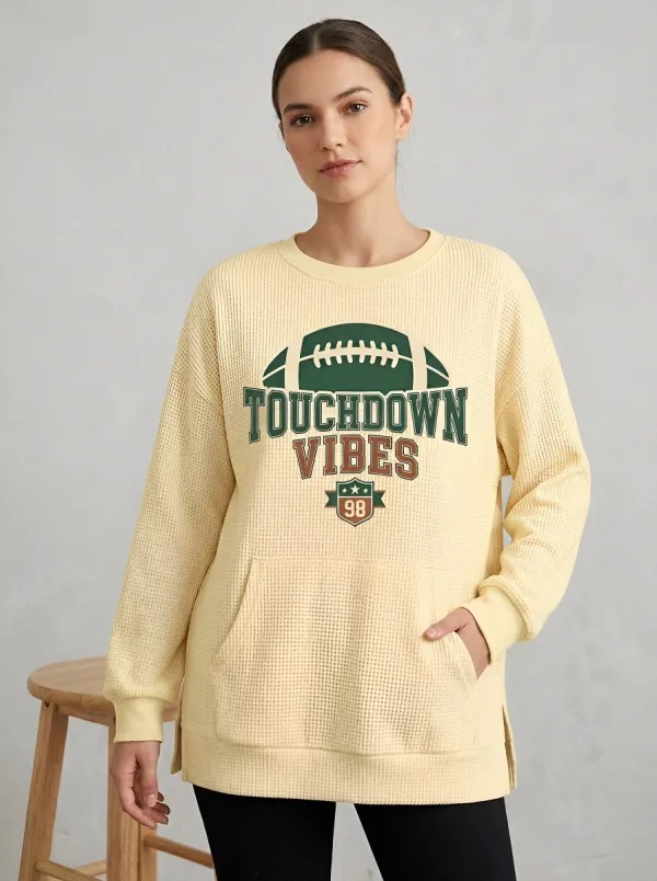 Women's American Football Touchdown Vibes Graphic Printed Waffle Sweatshirt