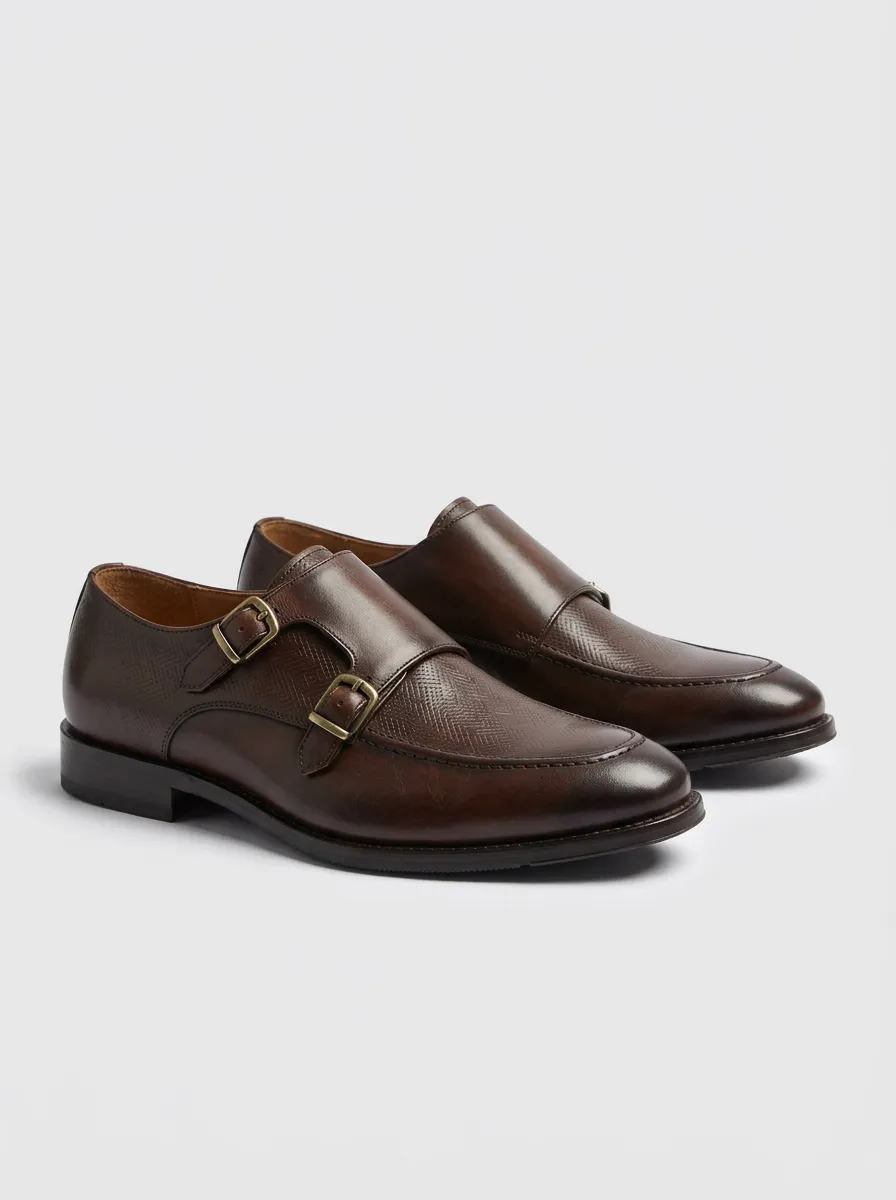 Men's Modern Business Formal Textured Double Monk Strap Leather Shoes