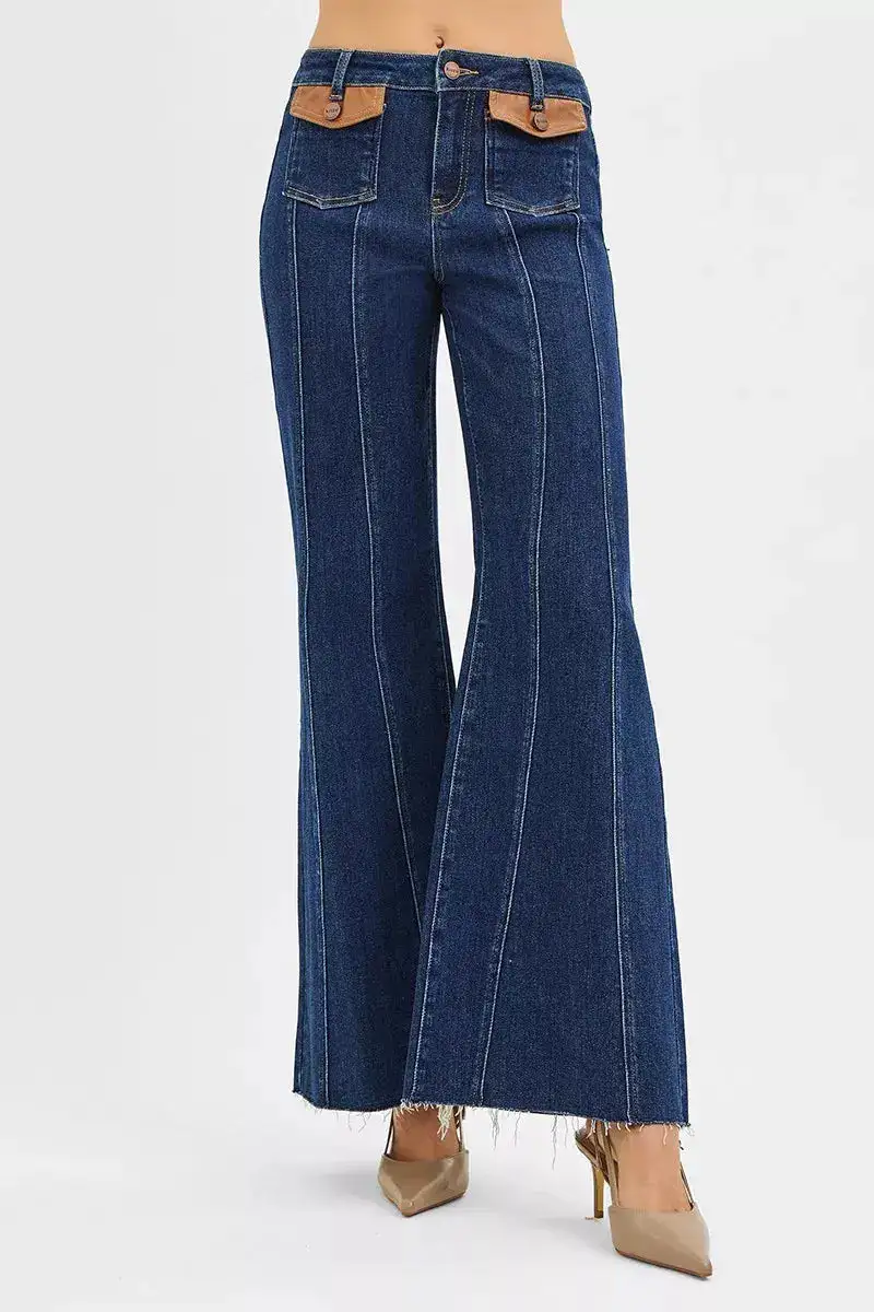 High Rise Flare Raw Hem Pocketed Denim Jeans