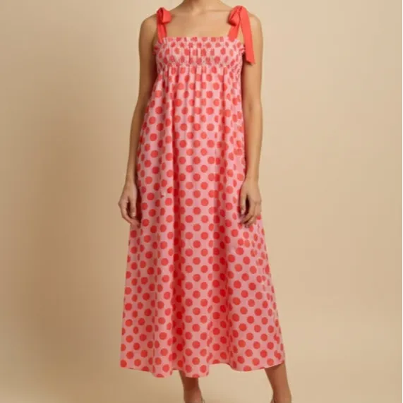 Classic Polka Dot Smocked Square Neck Dress
