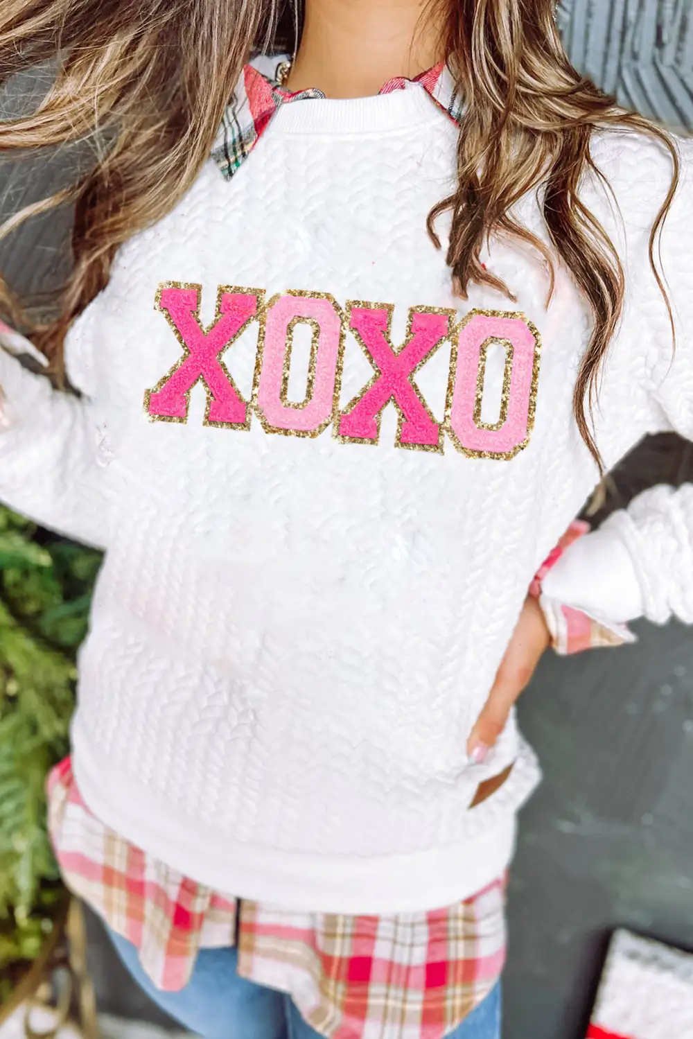 XOXO Glitter Chenille Cable Knit Sweatshirt
