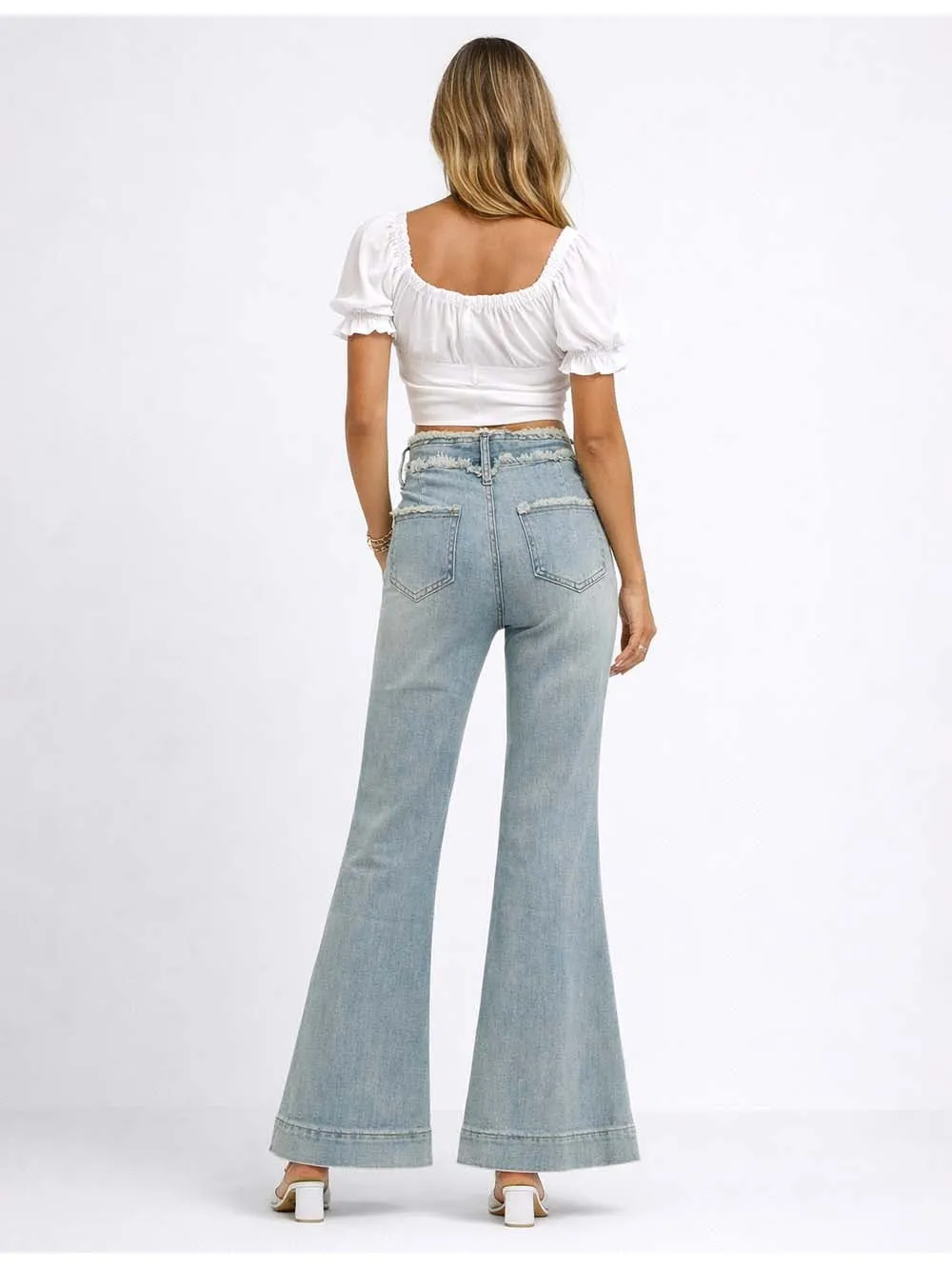 Vintage Raw Edge Waist Flared Leg Denim Pants