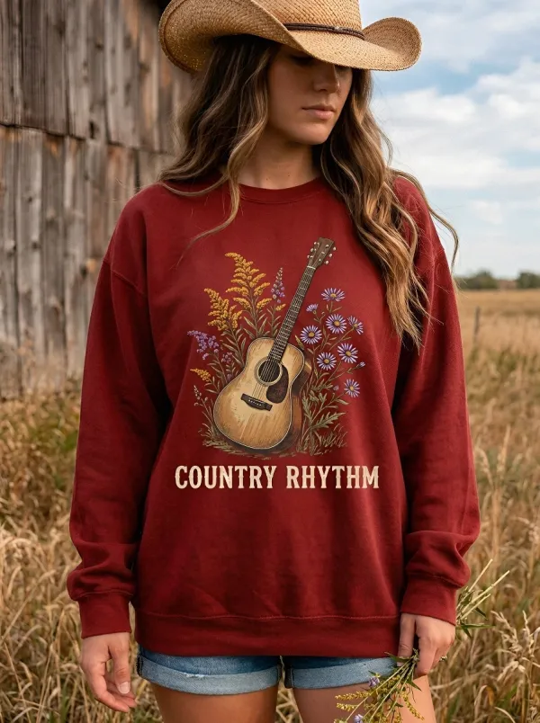 Rustic Country Music Acoustic Guitar Floral Crew Neck Sweatshirt